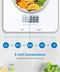 Smart Food Scale With Nutritional Calculator And App Sync For Macro Keto Calorie Tracking, showing 5-unit conversions on screen