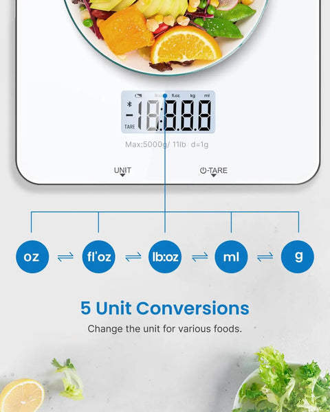 Smart Food Scale With Nutritional Calculator And App Sync For Macro Keto Calorie Tracking, showing 5-unit conversions on screen