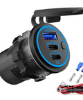 Triple USB Car Charger With Dual PD3.0 USB C Ports And Quick Charge 3.0 Power Switch Fast Charge For Phones And Tablets Perfect For Car Boat RV Marine ATV, close-up of ports and connectors.