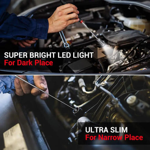 LED Telescoping Magnetic Pickup Tool Set For Hard To Reach Places showing LED light function in car engine.