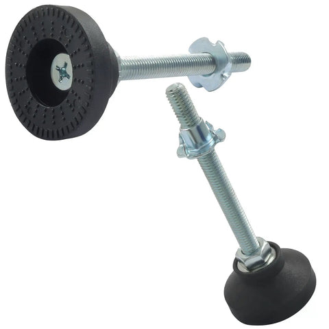 Heavy Duty M10 Thread Adjustable Furniture Leveling Feet Solid Steel Nylon Legs With Thick Rubber Bottoms To Kick The Wobble Off Tables Chairs And Cabinets Set Of 4 Pieces, featuring rubber pads and threaded steel mounts.