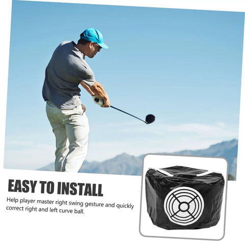Golfer practicing with an Impact Hitting Bag Golf Swing Trainer Mesh Practice Tool for Enhanced Accuracy and Versatile Swing Drills