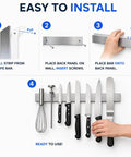 Installation steps for a 16 Inch Stainless Steel Magnetic Knife Bar for Kitchen Storage and Home Organization with knives hung