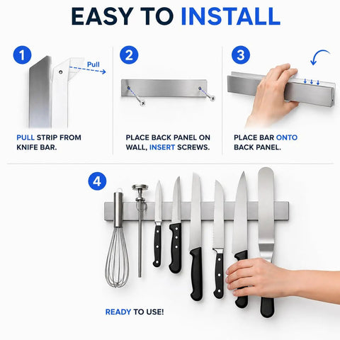 Installation steps for a 16 Inch Stainless Steel Magnetic Knife Bar for Kitchen Storage and Home Organization with knives hung