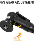Side view of handheld pneumatic chamfering tool with 45-degree arc bevel, 1/4 in air inlet