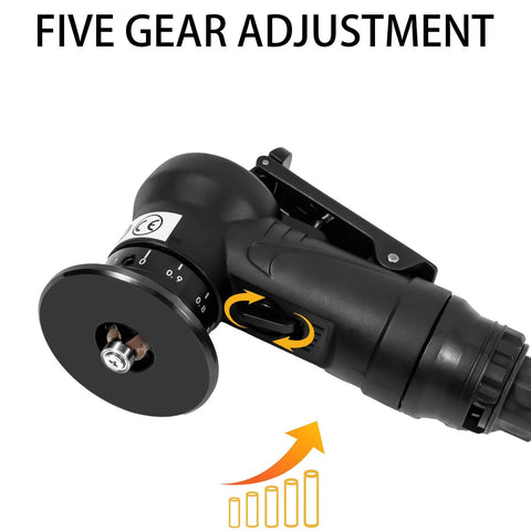 Side view of handheld pneumatic chamfering tool with 45-degree arc bevel, 1/4 in air inlet