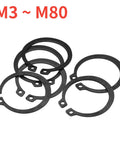 Heavy Duty M3 To M8 C-Type Shaft Retaining Ring Circlip Snap Lock set, black steel, for smooth cylinder valve and machinery installation.