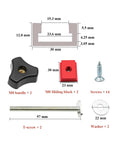 Components of Double Cut 300mm T Track Set For Woodshop Jigs And Fixtures with red sliding block and M8 handle.