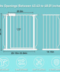 Extra Wide Walk Through Baby Gate 43 To 48 Inches, Pressure Mounted Auto Close, white metal barrier dimensions illustration