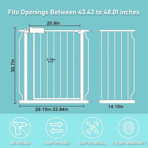 Extra Wide Walk Through Baby Gate 43 To 48 Inches, Pressure Mounted Auto Close, white metal barrier dimensions illustration