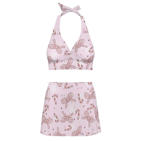 Two Piece High Waist Bikini With Cute Bow Ties And Back Cutout Yacht Ready Swimsuit With A Flirty Side Slit Mini Skirt Adjustable Straps