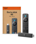 Fire TV Stick HD Latest Model With Free Live TV Alexa Voice Remote Effortless Setup Ultra Fast Navigation To Movies And Live Channels Find Shows Faster With Voice Control Compact Streaming Stick For Any Smart TV box, remote, and stick displayed.