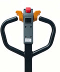 Heavy Duty Electric Pallet Jack 3300 Lbs Capacity 45X27 Forks Lithium Battery Powered Stand Up Walkie handle top view with controls.