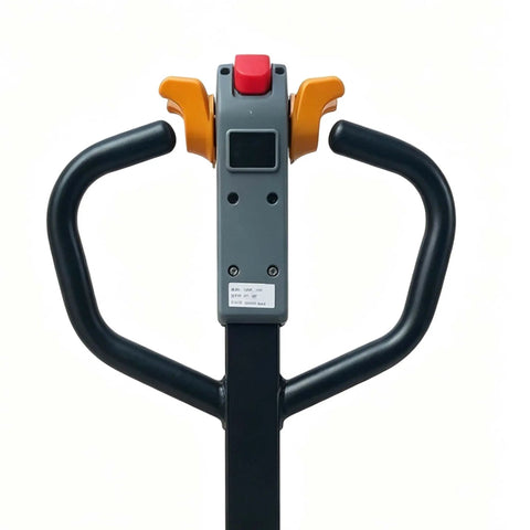 Heavy Duty Electric Pallet Jack 3300 Lbs Capacity 45X27 Forks Lithium Battery Powered Stand Up Walkie handle top view with controls.