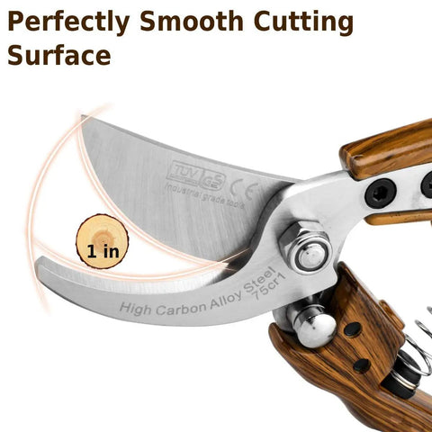 Pro Grade High Performance Garden Pruners With SK5 Steel Blades showing precise bypass cutting edge