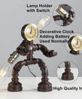 Robot Pipe Table Lamp With Rustic Industrial Style Two Light Edison Bulb Desk Light For Office Home Reading Kids Room Cafe Bar Vintage Steampunk Metal Desk Lamp With Rust Finish featuring a clock and lamp holder switch.
