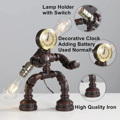 Robot Pipe Table Lamp With Rustic Industrial Style Two Light Edison Bulb Desk Light For Office Home Reading Kids Room Cafe Bar Vintage Steampunk Metal Desk Lamp With Rust Finish featuring a clock and lamp holder switch.