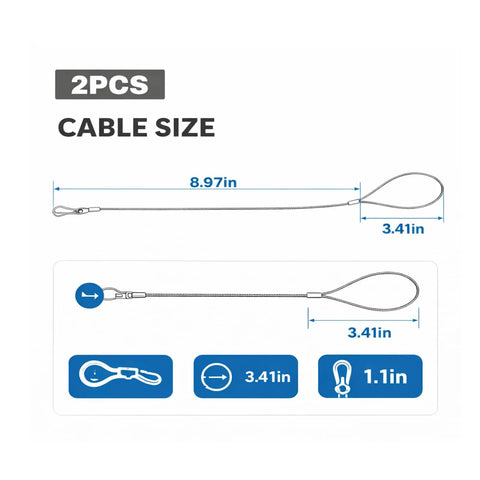 Diagram of 2 Pack Heavy Duty Gate Latch Cables Made From Stainless Steel Rust Proof Gate Opener Cords, 8.97in length.