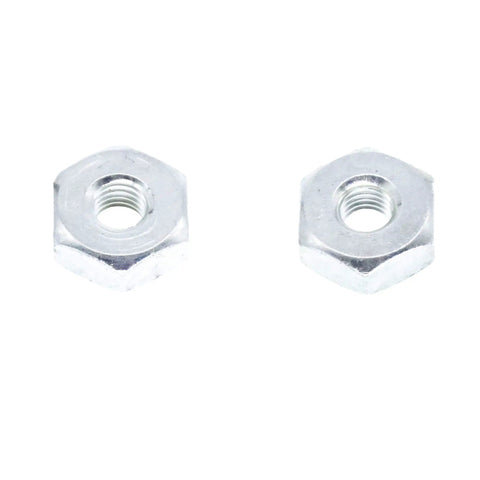 Two hexagonal metal nuts for Heavy Duty Chainsaw Repair Kit Featuring Plug And Play Sprocket Cover Bumper Spike Chain Tensioner Plus Bearing Cage For Stihl Models Zero Hassle Quick Fix.