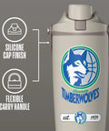 Heavy Duty 32 Oz Insulated Stainless Steel Water Bottle Features Minnesota Timberwolves Logo with silicone cap and flexible carry handle.