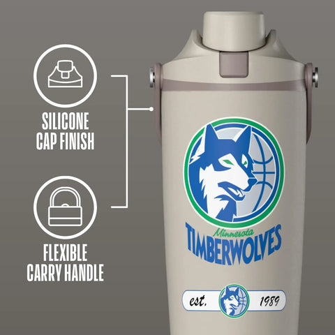 Heavy Duty 32 Oz Insulated Stainless Steel Water Bottle Features Minnesota Timberwolves Logo with silicone cap and flexible carry handle.