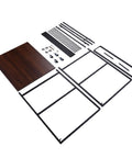 Heavy Duty 3D Printer Stand With Solid Wood Top And Smooth Roll Casters components arranged for easy assembly, featuring metal frame parts and roller wheels.