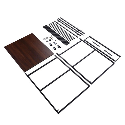 Heavy Duty 3D Printer Workbench With Mega Filament Spool Storage Removable Wood Desk Top And Legit Sturdy Alloy Steel Frame parts and assembly components laid out.