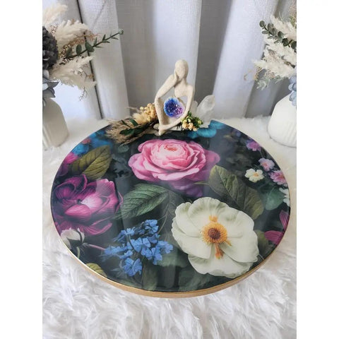 14 Inch Lazy Susan Turntable With Shimmer Epoxy Resin Artwork featuring floral design, durable wood and resin construction.