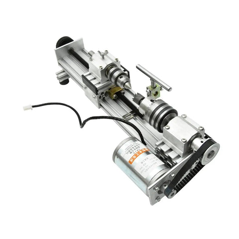 Mini 280W Metal And Woodworking Lathe Stepless Speed Control High Precision Turning Machine For DIY Bead Making Aluminum Alloy Construction close-up of motor and gears.
