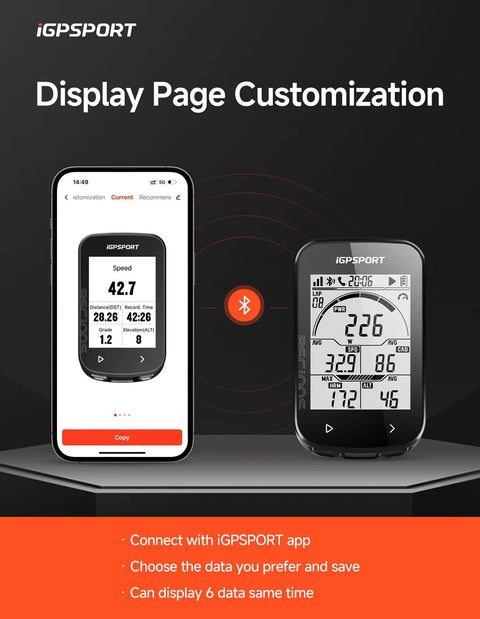 Image showing GPS Bike Computer With Wireless Connectivity And 2.6 Inch LCD Display next to smartphone app for customization.