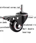 Heavy Duty Swivel Casters With Locking Brakes Roll Like Butter For Shopping Carts And Workbenches Includes Four All Steel Stem Wheels showing black polyurethane wheel with brake and steel plate.