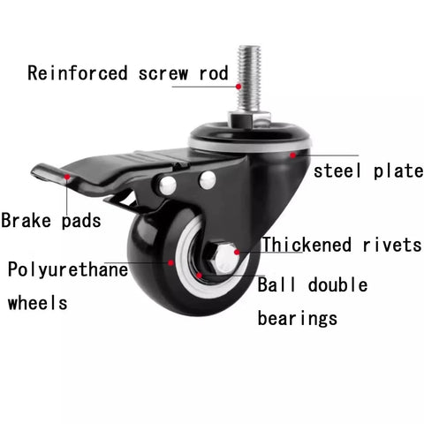 Heavy Duty Swivel Casters With Locking Brakes Roll Like Butter For Shopping Carts And Workbenches Includes Four All Steel Stem Wheels showing black polyurethane wheel with brake and steel plate.
