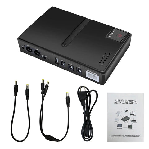 Rock Solid 18W DC UPS Power Backup with ports and cables, compact design for routers and PoE cameras, user manual included.