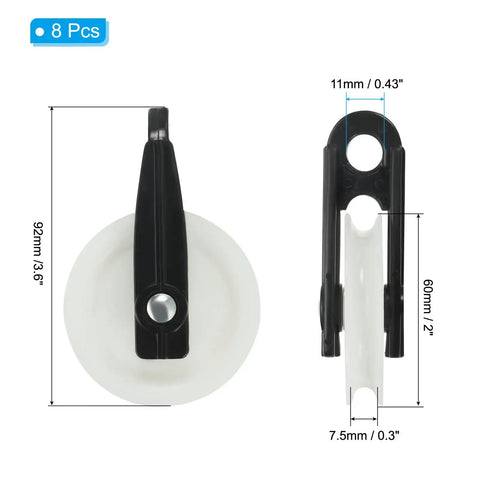 Nylon Clothesline Pulley Kit, 8 Piece Outdoor Wire Rope Pulleys With 60mm Wheels, 11mm hole, 92mm black and white pulley