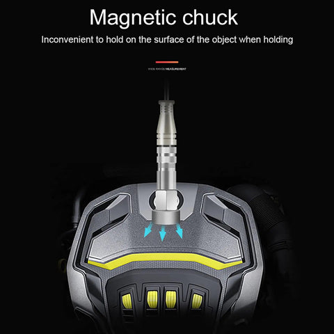 Smooth Operator Digital Vibration Meter With High Grade Probe And Reliable Data Storage For Tracking Acceleration Velocity And Displacement Readings Without Any Glitches showing magnetic chuck detail.