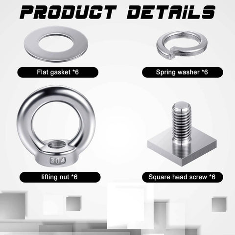 Product details of Six Piece M8 T Slot Bolt Kit With Heavy Duty Eye Bolts And T Track Mount Anchors, 304 stainless steel components