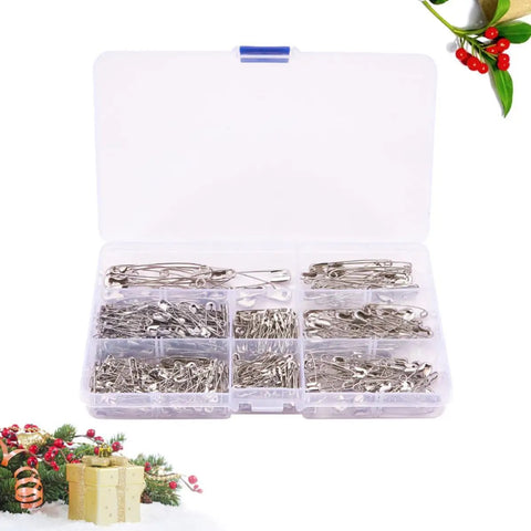 450 Pack Real Deal Iron Safety Clasp Pins For Crafting And Tailoring Mini Metal Clothing Fasteners in storage box.
