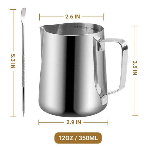 Stainless Steel Milk Frothing Pitcher 12oz 350ml With V Sharp Mouth For Latte Art Barista Ready Milk Jug Cup For Cappuccino Latte Macchiato Pro Grade Pouring Rust Proof Easy Clean Decorating Pen Included
