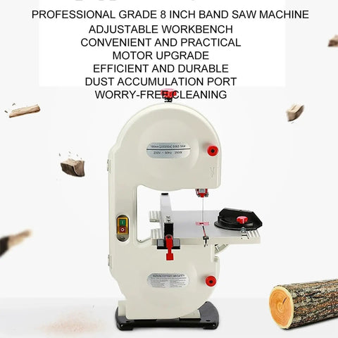 Hella Flexible 8 Inch Vertical Table Band Saw With Variable Speed Motor and 45 Degree Tilting Bench showing adjustable workbench and motor.