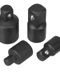 Heavy Duty 4-Piece Socket Adapter Set In 1/4 3/8 And 1/2 Inch Sizes Made From Gritty High Carbon Steel For Tough Jobs Easy Swap Between Tools No Hassle For Garage Pros Or DIY Guys Who Love Quality Gear, 4 black socket adapters shown