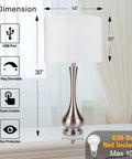Pair Of Lit Touch Table Lamps For Bedroom And Living Room, silver metal base, fabric shade, USB port, 30-inch tall, set of 2