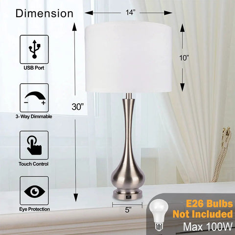 Pair Of Lit Touch Table Lamps For Bedroom And Living Room, silver metal base, fabric shade, USB port, 30-inch tall, set of 2