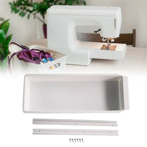 Sliding Drawer Sewing Table With Built In Storage For Home Crafters, Lightweight Yet Sturdy Table Stand For Most Sewing Machines, Portable DIY Workstation With Durable Plastic Build, Easy Assembly And Versatile Tabletop Organizer; white plastic sewing table with drawer and parts