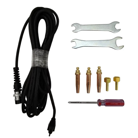 Portable Propane Flame Cutter Featuring A Slick 0 To 45 Degree Adjustable Beveling Torch parts including cable, nozzles, and wrenches.