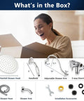 Woman unboxing All Metal 12-Inch Rainfall Shower Head With 16-Inch Adjustable Brass Extension Arm Handheld Combo Kit