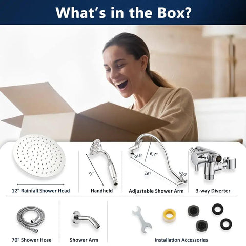Woman unboxing All Metal 12-Inch Rainfall Shower Head With 16-Inch Adjustable Brass Extension Arm Handheld Combo Kit