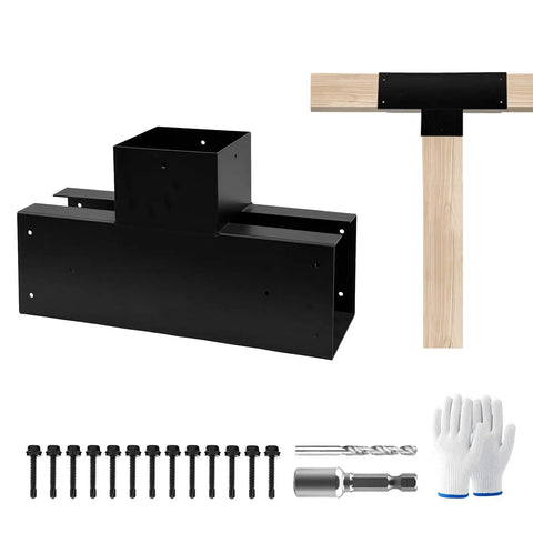 Three Way T Shaped Pergola Bracket Kit For Wood Beams 3.5 By 3.5 Inches Outdoor Gazebos Patios And Log Cabins Beefy Heavy Duty Galvanized Steel With 0.98 Inch Slot For Easy Wood Insertion 1 Pack with installation tools and gloves