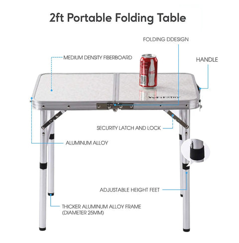 Ultra Portable Folding Camp Table With Aluminum Build 24 Inch Long By 16 Inch Wide Adjustable Height Legs With Two Heights 10 And 19 Inches