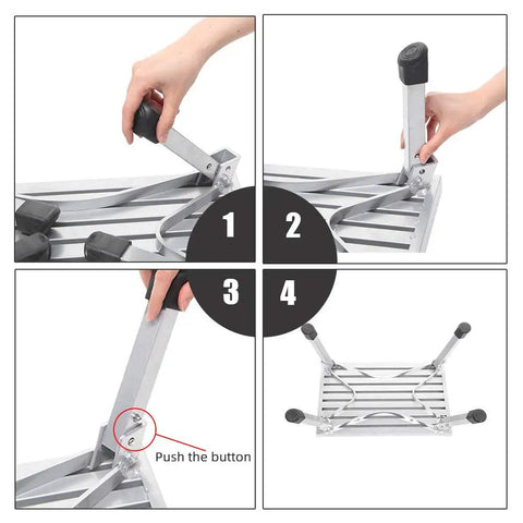 Assembly of Heavy Duty Aluminum Working Platform Step Stool Ladder for RV Camper SUV Up To 500lbs, showing foldable frame and button.