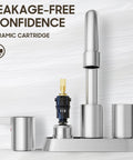 Brushed Nickel 4 Inch Centerset Bathroom Faucet With Two Handles Lead Free And Durable Includes Copper Pop Up Drain And Water Supply Lines Fits Pre Drilled Holes 1.1 To 1.38 Inches Easy Install Modern Look close-up showing ceramic cartridge and leakage-free design.
